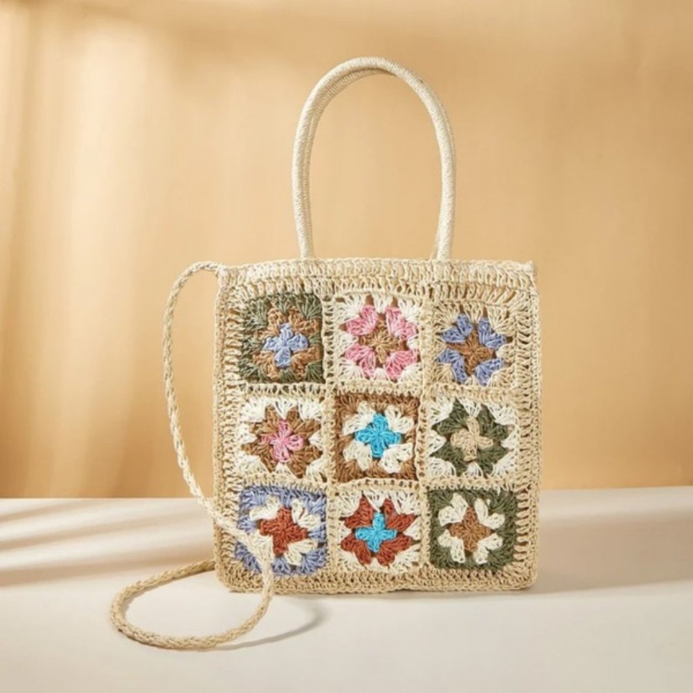 new GRANNY square TOTE STRAW bag purse bohemian hippie retro LINED cream / brown